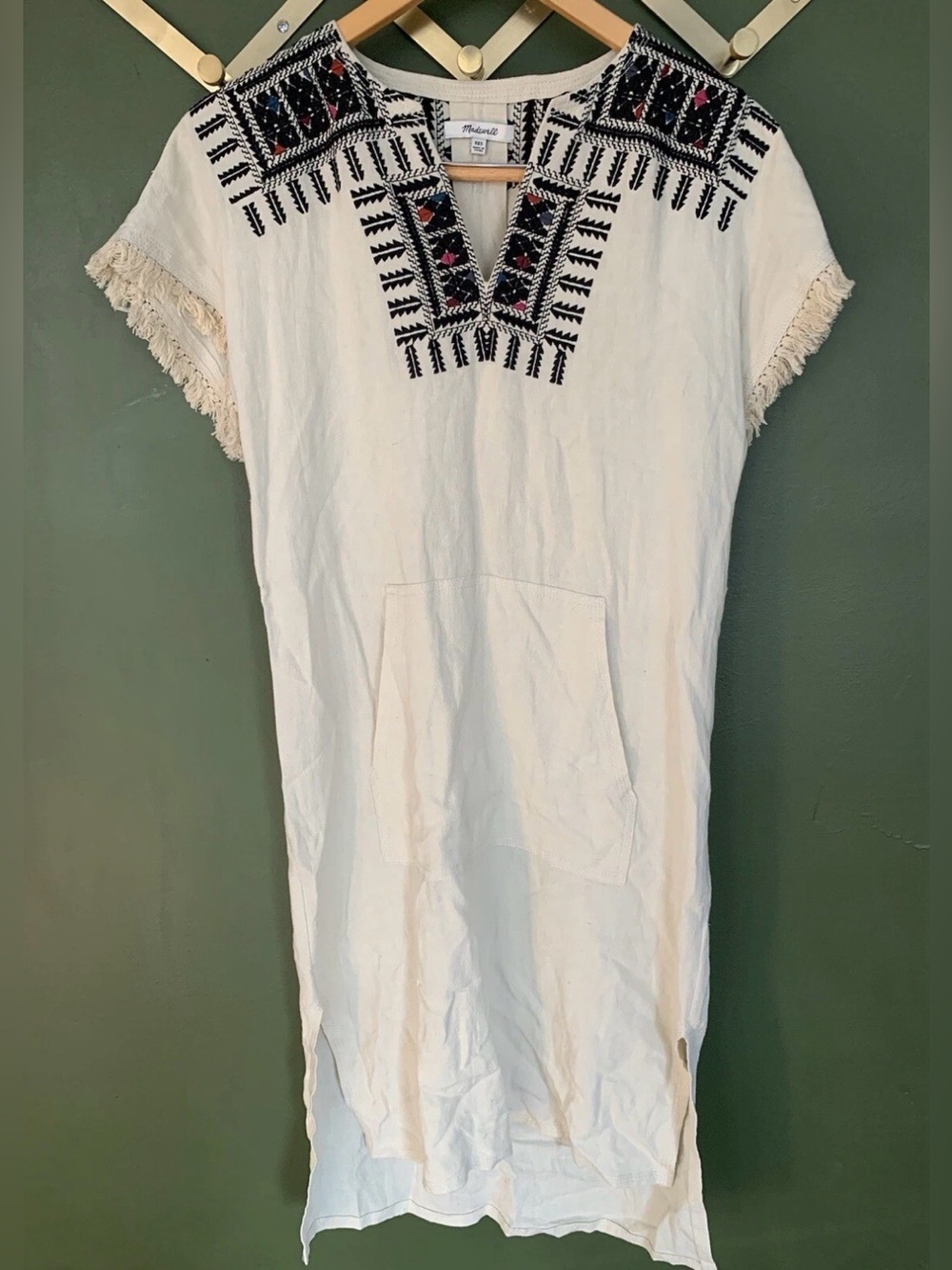 Madewell Embroidered Paradise Dress Tribal Linen Blend Cream Black Size XXS